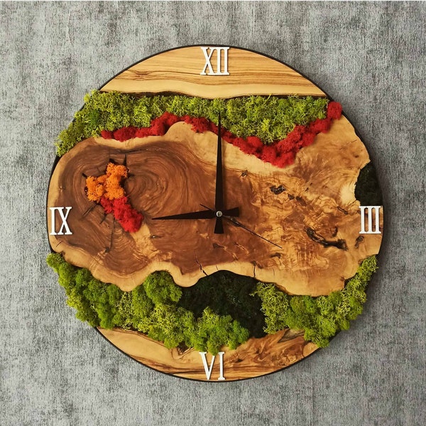 Made to Order Olive Wood Moss Wall Clock, Moss  Wall Clock, Handmade Wall Clock, Moss Wall Art, Wall Decor, Home Art, Home Decor