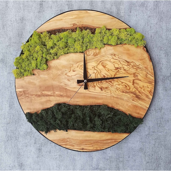 Made to Order Olive Wood Moss Wall Clock, Moss Wall Clock, Handmade Wall Clock, Moss Wall Art, Wall Decor, Home Art, Home Decor