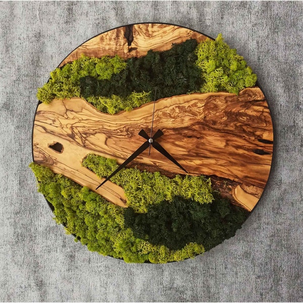 Made to Order Olive Wood Moss Wall Clock, Moss Wall Clock, Handmade Wall Clock, Moss Wall Art, Wall Decor, Home Art, Home Decor