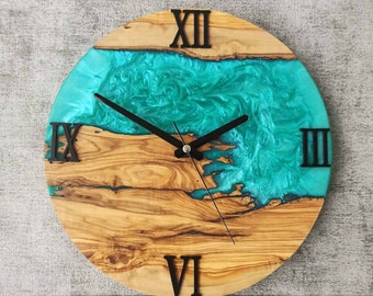 12 inches / 30 cm Resin & Olive Wood Wall Clock, Made to Order Epoxy and Olive Wood Wall Clock, Live Edge Rustic Olive Wood Wall Clock,