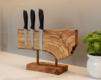 Handmade Olive Wood Magnetic Knife Stand: Live Edge Chef Knife Organizer