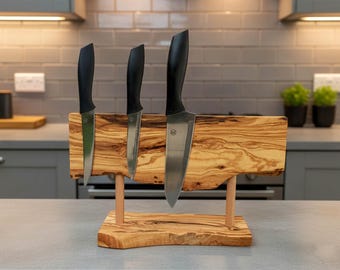 Handmade Olive Wood Magnetic Knife Stand: Live Edge Chef Knife Organizer, FREESHIPPING