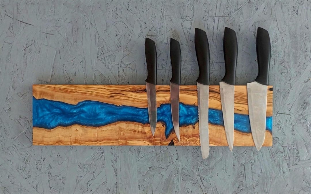 Magnetic Knife Rack Live Edge Olive Wood & Epoxy River - Chef Knife ...