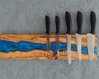 Magnetic Knife Rack Live Edge Olive Wood & Epoxy River - Chef Knife Holder Wall Mount, Strong Neodymium Magnets, Modern Kitchen Organizer