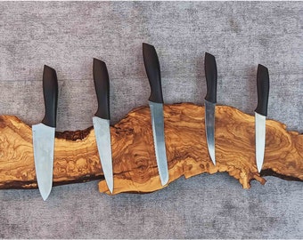 Handmade Olive Wood Magnetic Knife Rack: Live Edge Kitchen Storage