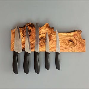 Handmade Olive Wood Magnetic Knife Holder: Live Edge Kitchen Organizer