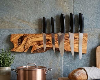 Handmade Live Edge Olive Wood Magnetic Knife Holder – Rustic Wall Mount Kitchen Organizer