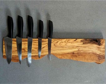 Live Edge Olive Wood Magnetic Knife Rack: Wall Mounted Kitchen Storage