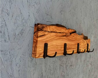 Handcrafted Olive Wood Coat Rack: Rustic Entryway Organizer