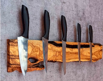 Handcrafted Olive Wood Magnetic Knife Holder – Rustic Live Edge Kitchen Organizer