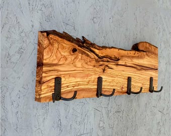 Handcrafted Olive Wood Coat Rack: Rustic Entryway Organizer