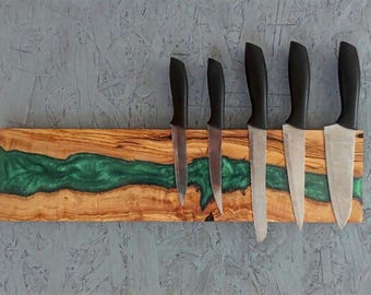 Live Edge Olive Wood Epoxy River Knife Rack – Magnetic Wall Mount Kitchen Organizer