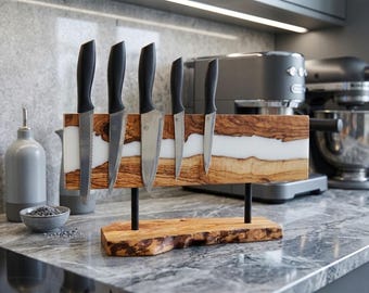 Magnetic Olive Wood Epoxy Resin Knife Holder – Modern Kitchen Stand, Handmade River Design