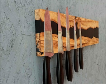 Magnetic Knife Holder - Live Edge Olive Wood & Black Epoxy River | Handcrafted Kitchen Knife Block