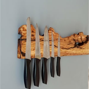 Handmade Olive Wood Magnetic Knife Holder: Live Edge Kitchen Decor