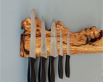 Handmade Olive Wood Magnetic Knife Holder: Live Edge Kitchen Decor