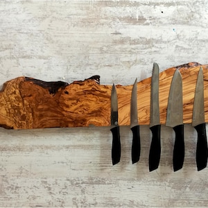 Handmade Olive Wood Magnetic Knife Holder: Live Edge Chef Knife Organizer