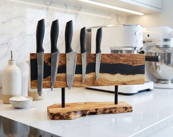 Magnetic Olive Wood Epoxy Resin Knife Holder – Modern Kitchen Stand, Handmade River Design