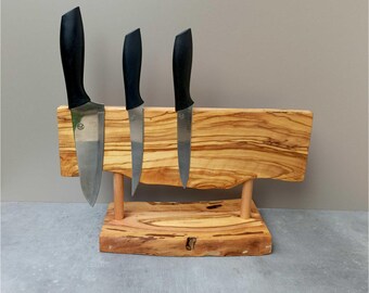 Handmade Olive Wood Magnetic Knife Stand: Live Edge Chef Knife Organizer, FREESHIPPING