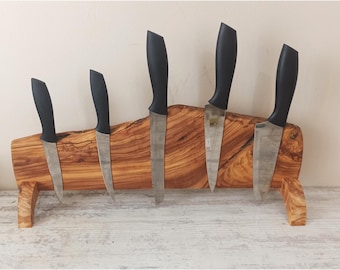 Estante magnético para cuchillos, soporte para cuchillos de madera de olivo, barra para cuchillos de madera Live Edge, almacenamiento para pared, estante para cuchillos, organizador de cuchillos de chef