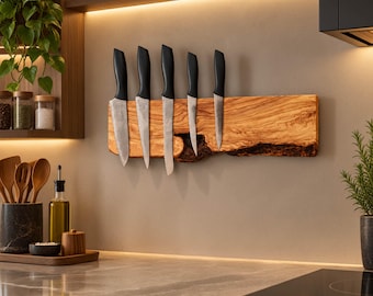 Magnetic Knife Holder, Olive Wood Wall-Mounted Kitchen Knife Storage