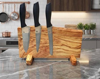 Live Edge Olive Wood Magnetic Knife Holder: Chef's Kitchen Organizer, FREESHIPPING