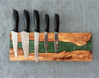 Magnetic Knife Holder - Live Edge Olive Wood & Green Epoxy River | Handcrafted Kitchen Knife Block