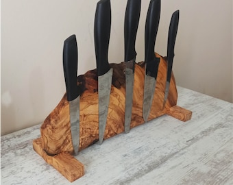 Live Edge Olive Wood Magnetic Knife Stand: Kitchen Knife Organizer