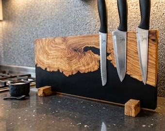 Olive Wood Epoxy Magnetic Knife Stand | Live Edge Chef Holder, Modern Kitchen Organizer