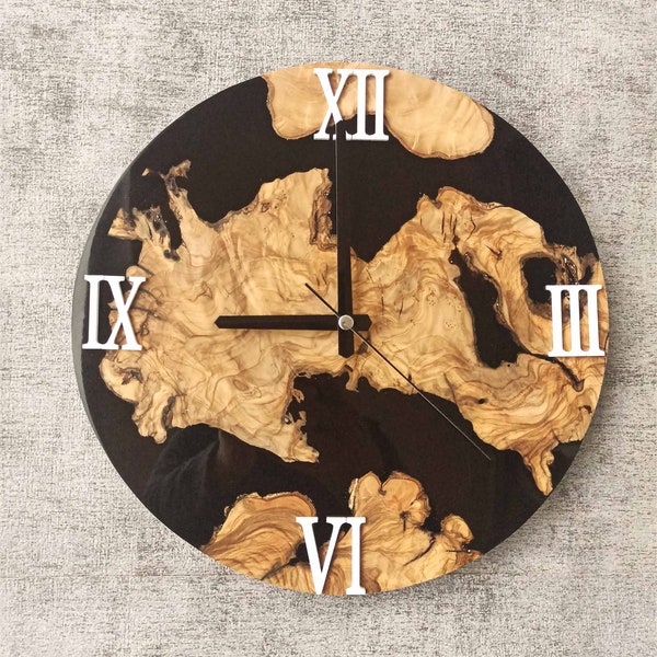 Reloj de pared de resina y madera de olivo de 12 pulgadas / 30 cm, reloj de pared de madera de olivo y epoxi hecho a pedido, reloj de pared de madera de olivo rústico Live Edge,