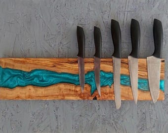 Magnetic Knife Rack, Olive Wood Epoxy River Wall-Mounted Holder