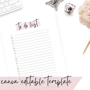 Puede incluir: Una plantilla de lista de tareas imprimible con un título "To do list" rosa y un fondo rosa claro. La plantilla tiene una columna de cuadrados de colores en el lado izquierdo y espacios rayados en el lado derecho para escribir las tareas. El texto "canva editable template" está en la parte inferior de la página.