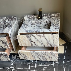 Calacatta Marble Sink Cabinet two drawer, Wall Mount Vanity Viola Marble Sink, Bathroom Furniture Two-Drawer Bathroom Vanity Calacatta Viola