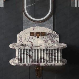 Calacatta Viola Marble Wall Mount Sink: Fluted Oval Vessel