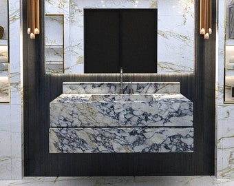 Calacatta Viola Marble Vanity Sink: Wall Mounted Floating Basin (47” x 18” x 16”)