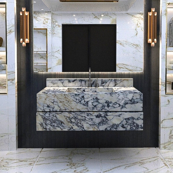 Modern Bathroom Calacatta Marbe Vanity Sink, Wall Mounted Marble sink, Calacatta Viola Marble Vanity Cabinet, Powder Room Floating Basin,