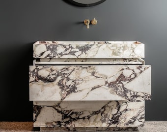 Calacatta Marble Freestanding Vanity Unit, Bathroom marble Vanity with marble basin and drawers, Custom Powder Room Vanity sink, washbasin