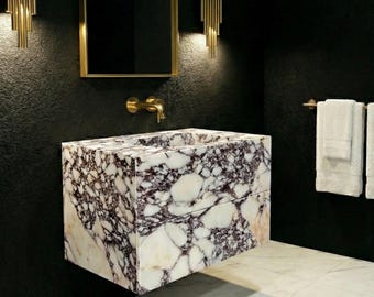 The Viola Storage Vanity | Bespoke Marble Cabinet with Drawers | Wall Mounted Stone Sink | Floating Bathroom Stone Basin