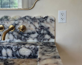 Calacatta Viola Marble Double Sink Vanity: Scalloped Backsplash, Custom Bathroom Basin