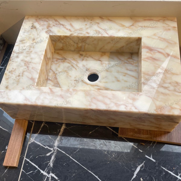 Wall Mount Calacatta Pink  Marble Sink, Calacatta Gold Marble Sink, Calacatta Viola Marble Sink Basin, Powder Room Marble Vanity  Cabinets