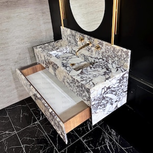 Modern Floating Marble Vanity, Custom Powder Room Sink, Wall/Deck Mount Faucet, Storage Marble Drawers, Integrated Sink