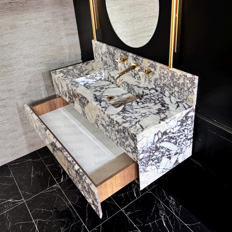 Modern Floating Marble Vanity, Custom Powder Room Sink, Wall/Deck Mount Faucet, Storage Marble Drawers, Integrated Sink