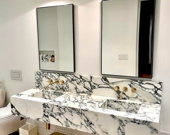 Custom Calacatta Viola Marble Double Sink, Wall Hung Bathroom Basin