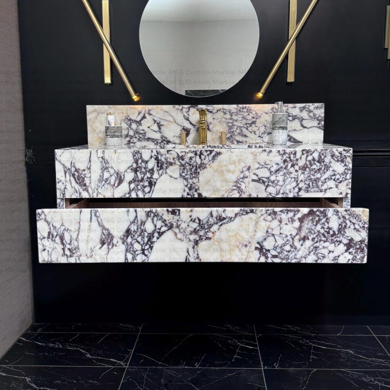 Modern Floating Marble Vanity, Custom Powder Room Sink, Wall/Deck Mount Faucet, Storage Marble Drawers, Integrated Sink