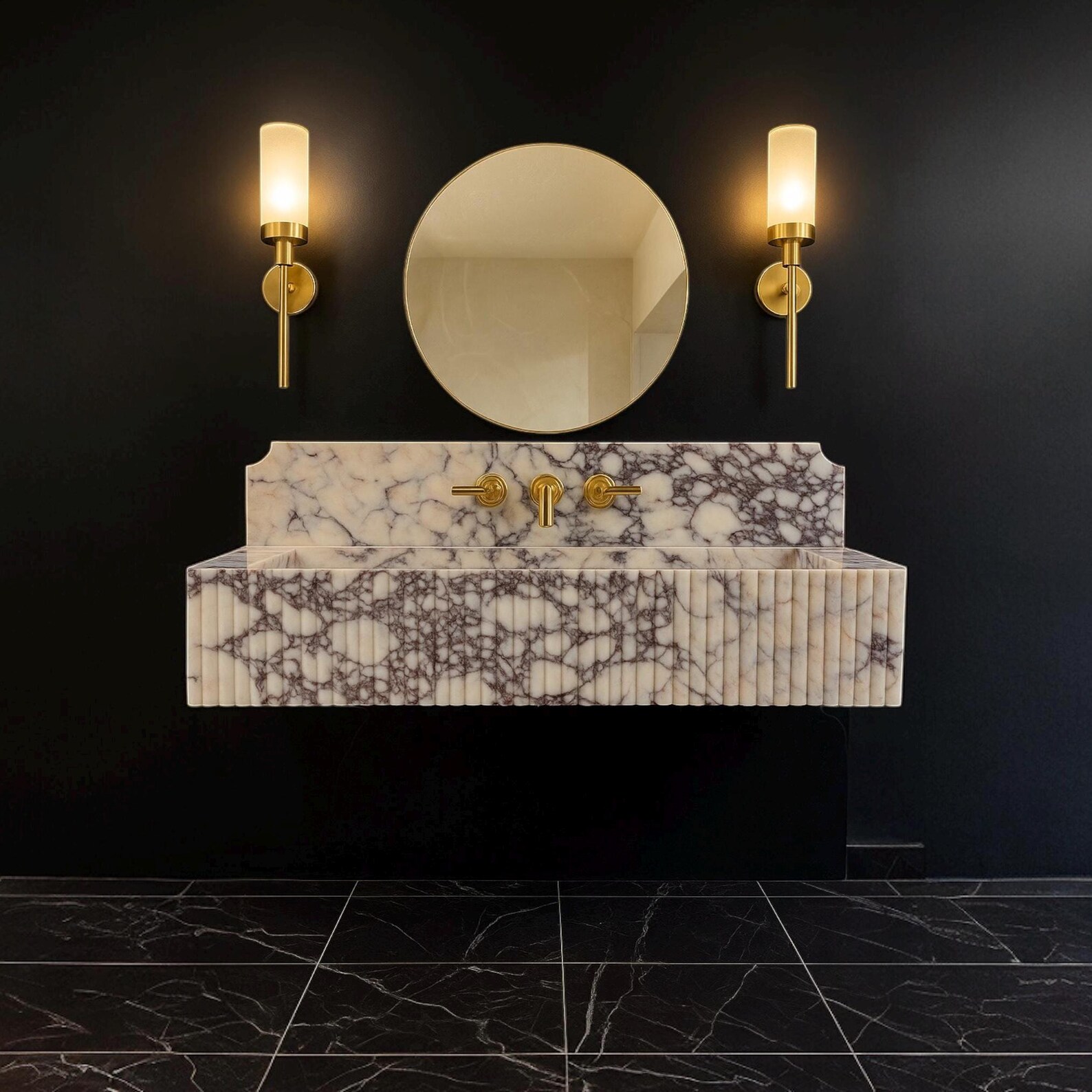 Calacatta Viola Marble Wall-mounted Sink: Ribbed Fluted Vanity, 48