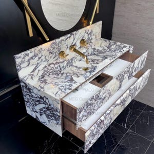 Modern Floating Marble Vanity, Custom Powder Room Sink, Wall/Deck Mount Faucet, Storage Marble Drawers, Integrated Sink