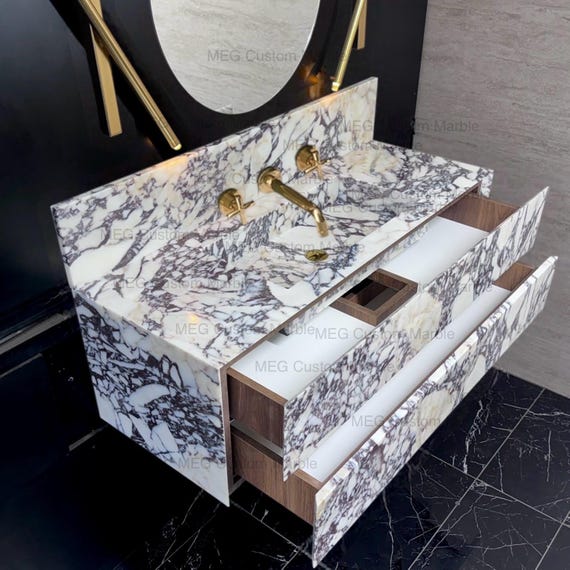 Modern Floating Marble Vanity, Custom Calacatta Viola Sink, Powder Room Decor