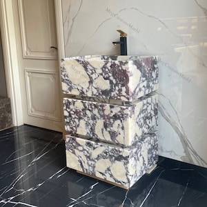 Marble Sink Vanity Freestanding and drawers with Calacatta Marble Basin, Bathroom Marble Sink Customizable Dimensions, Powder Room Vanity W