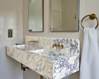 Handcrafted Calacatta Marble Double Sink – Wall Mounted Vanity Basin with Scalloped Backsplash & Custom Dimensions