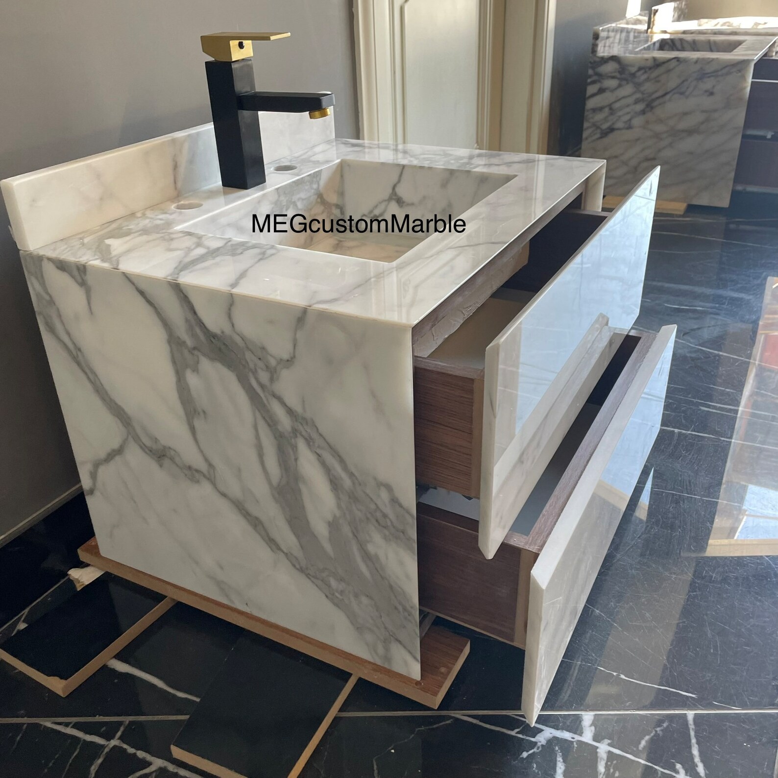 Wall Mount Carrara Marble Vanity With Marble Drawers, Carrara Marble Sink Customizable